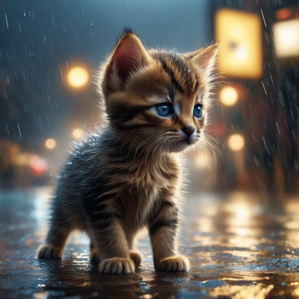 a small kitten standing alone in the pouring rain, desperate and hopeless, its thin body drenched, its eyes empty and numb, trembling shoulders, closed eyes, surrounded by a blurry, indifferent world, overwhelmed by despair and darkness, (best quality,4k,8k,highres,masterpiece:1.2),ultra-detailed,(realistic,photorealistic,photo-realistic:1.37),HDR,UHD,studio lighting,extremely detailed eyes and face,longeyelashes,beautiful detailed eyes,beautiful detailed lips,animal portrait,dynamic pose,moody lighting,cold color tones,rain effects,gloomy atmosphere