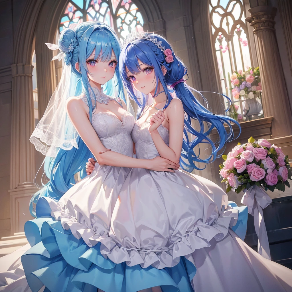 Sky blue hair, (One braided ponytail),(Pink Eyes),Fair skin ,(whole body),(One girl),bride,A big smile,Straight bangs, 6月のbride,Wedding dress,(masterpiece, Highest quality, Very detailed, Best Shadow), (Detailed Background), (Beautifully detailed face), High Contrast, (Best lighting, Very delicate and beautiful), ((Cinematic Light)), colorful, Hyper Detail, Dramatic Light, Intricate details,Chapel background,A bouquet of roses in the right hand,Ring on left ring finger,