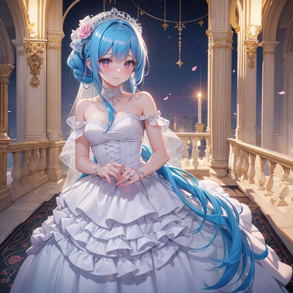 Sky blue hair, (One braided ponytail),(Pink Eyes),Fair skin ,(whole body),(One girl),bride,A big smile,Straight bangs, 6月のbride,Wedding dress,(masterpiece, Highest quality, Very detailed, Best Shadow), (Detailed Background), (Beautifully detailed face), High Contrast, (Best lighting, Very delicate and beautiful), ((Cinematic Light)), colorful, Hyper Detail, Dramatic Light, Intricate details,Chapel background,A bouquet of roses in the right hand,Ring on left ring finger,