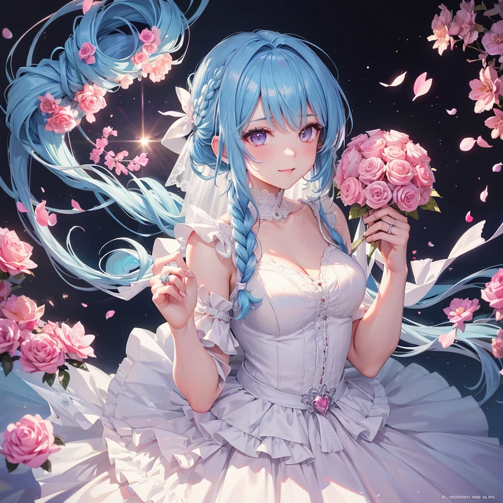 Sky blue hair, (One braided ponytail),(Pink Eyes),Fair skin ,(whole body),(One girl),bride,A big smile,Straight bangs, 6月のbride,Wedding dress,(masterpiece, Highest quality, Very detailed, Best Shadow), (Detailed Background), (Beautifully detailed face), High Contrast, (Best lighting, Very delicate and beautiful), ((Cinematic Light)), colorful, Hyper Detail, Dramatic Light, Intricate details,Chapel background,A bouquet of roses in the right hand,Ring on left ring finger,
