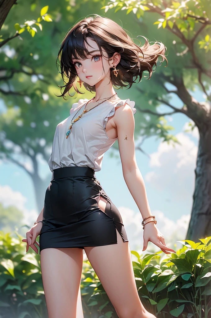 ((Biologically correct limb count))、((Natural finger shape))、((Full Body Shot, Including face))、Standing position、4K、masterpiece、((Focus on the face))、((Symmetrical facial features))、Eye for detailed depiction、Beautiful woman、Excellent style、Beautiful clavicle、Beautiful feet、Slender body、(Small Ass、Thin thighs)、(High heels)、Facial detailing、Small earrings、necklace、Low angle photo、(Upper body sleeveless shirt、Lower body skirt)、Park scenery on a holiday morning、Strong sunlight、Dazzling look、Hands clasped behind back