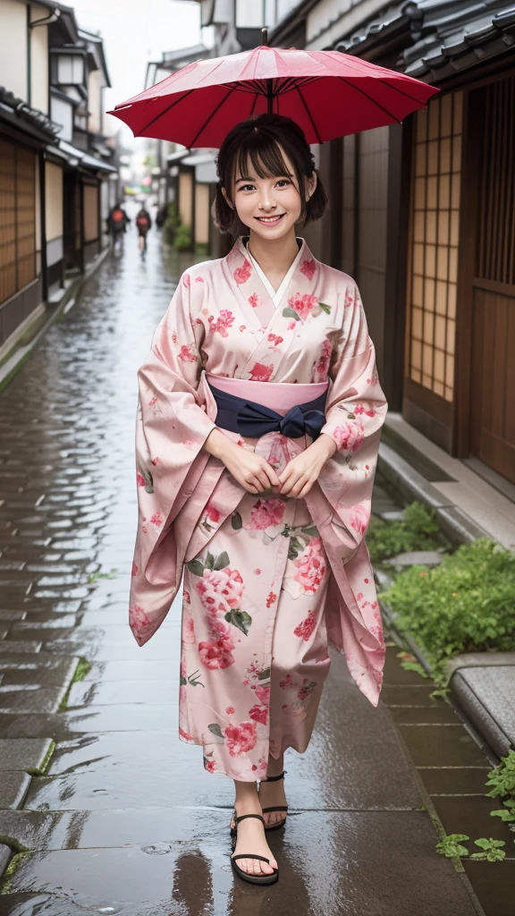 closeup shot , Best picture quality (8K, high resolution, Masterpiece: 1.2), super detailed, 215 Short Hair, 16-year-old woman,
Situation: A woman in kimono walking down a traditional cobblestone alley in Kyoto, holding a Japanese umbrella.
Attire: Beautiful kimono, obi, and sandals. The umbrella is a bright red color with a delicate pattern on the edge.
Angles: A woman is holding a Japanese umbrella in the rain.
Close-up: The viewer can see the elegant expression on the woman's face in detail as she walks along the rain-soaked cobblestones in her sandals and under her Japanese umbrella.
Detail: The sheen of the rain-soaked cobblestones and the traditional townhouses lining both sides of the alley in the background emphasize the quiet beauty of the scene.
, Close-up of face
, random cute pose ,big eyes ,Puffy eyes , Heart Pupil, blush , huge shy smile , salute