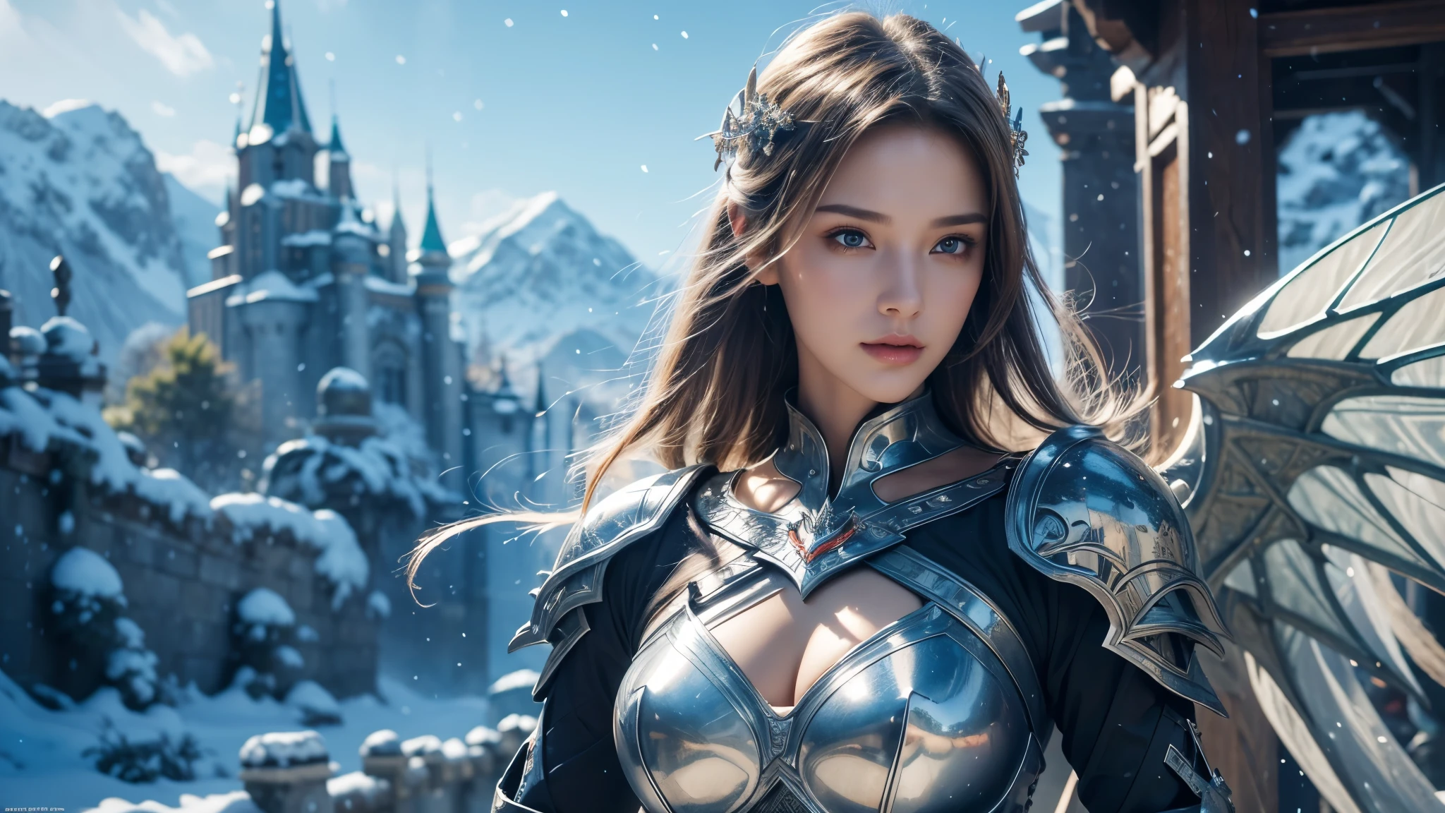 Close-up of woman holding sword and armor, Armor Girl, 2. 5D CGI anime fantasy artwork, Large Breasts,Epic fantasy digital art style, detailed Digital 2D fantasy art, Digital 2D fantasy art, original photo, (best quality:1.3), high resolution, (masterpiece), (lifelike:1.4), Professional photography, Clear focus, High Dynamic Range, 8k resolution, Intricate details, Fine details, Depth of Field, Extremely detailed CG unified 8k wallpaper, masterpiece,poster,best quality,Official Art,(Beauty and aesthetics:1.2),(masterpiece:1.3),Miss,personal,Light Leather Armor,complex pattern,winter,Snow Mountain,castle,Medium distance photography,(early morning),dramatic,Giant bat wings,