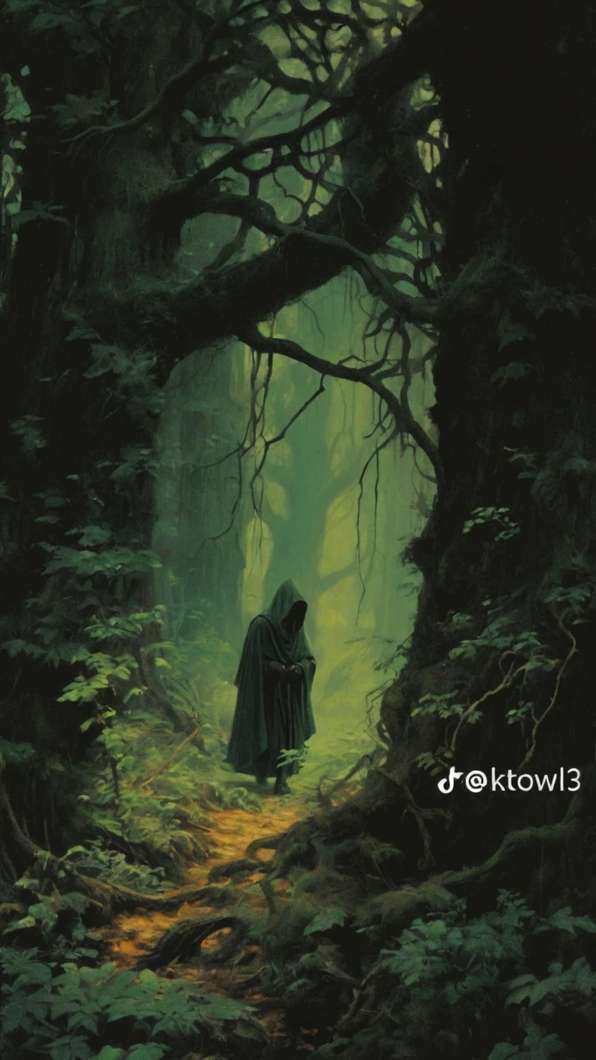 a painting of a man in a cloak walking through a forest, lord of the rings aesthetic, dnd in a dark forest, lothlorien, discovered photo, nazgul, 3 0, lord of the rings concept art, lord of the ring art, beksinkski, nazgul from lord of the rings, makoto sinkai, dark green cloak
