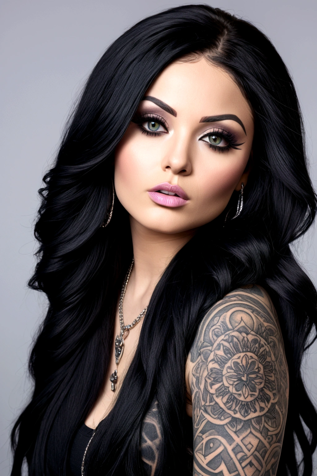 Create a hyper detailed photograph of a tattooed young sexy snow tha product, Stunningly perfect gorgeous face, perfect makeup, detailed vibrant eyes, long hair,gorgeous seductive perfect body figure,