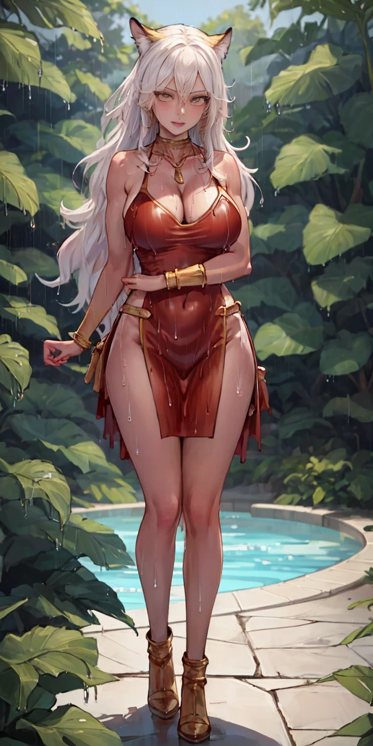 far shot from below, leather collar (Best quality, 4k, Masterpiece :1.3) full body standing symmetrical beautiful woman, hyper realistic, 1girl (drooping breasts, attractive body :1.2) sit-ups :1.1, short red hair: 1.1 (wet rainy, wet by rain, wet body :1.2) ultra-detailed face, detailed lips, detailed eyes, double eyelid, low-necked dress, open neckline, hanging breasts, side pose, visible curves, pool , poolside, red transparent robe, red sunglasses, muscular turned arms behind body, leather collar, golden bracers