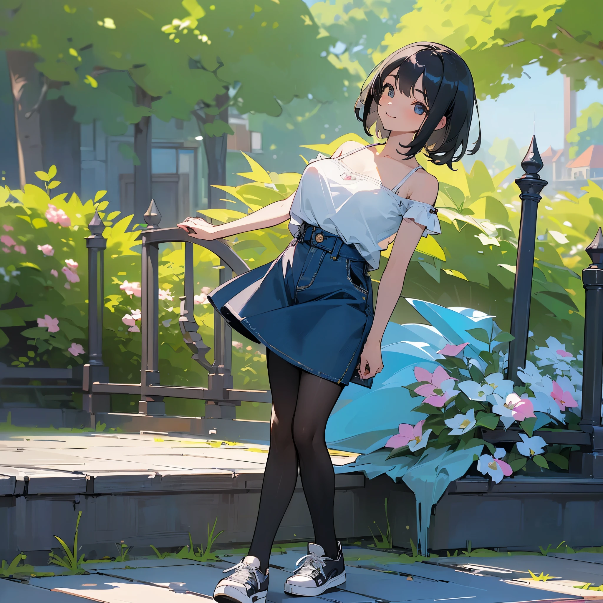 (high quality, High resolution, Very detailed, reality:1.37), Peaceful atmosphere, (Outdoor, garden), Teenage girl standing alone, (my breasts are big.), Beautiful details, Cute Smile, (Black bob hair), camisole, Denim skirt, Black tights, sneakers.
