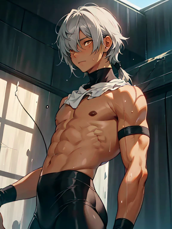((Fine details)), Best Shadow,Cinema Lighting,Highest quality,((Very detailed)) masterpiece the body is slim Embarrassing Gray Hair Orange eyes Torn tights Electricity began get wet Big eyes Bangs covering one eye thin The suit was torn Upper body naked sweating Delicate body Pitch black tights Damaged High saturation Six-headed body boy Ryona Hurt torture Brown Skin Clothing saturation 0 I was injured High chance of losing Shoulder-length hair Skin is visible in places shout View from below Overall image Femboy Light hits the skin Baby Face Fallen Lie in Skinny body Lie in down punish young Flexible body Mind control T-bag Round face Flat face Rear View