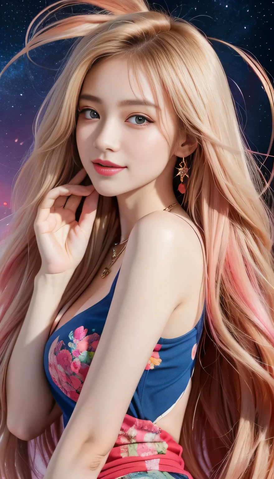 Close-up of a woman with rich and colorful hair and necklace, Anime girl with cosmic long hair, The soft vibrancy of Rossdraws, Guvez-style artwork, Fantasy art style, rich and colorful], Vibrant fantasy style, Rossdraws Vibrant cartoons, cosmic and rich and colorful, Gu Weiss, rich and colorful digital fantasy art, Stunning art style, Beautiful anime style, Full body lighting, Skin brightening, Sexy expressions