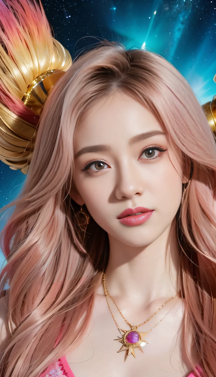 Close-up of a woman with rich and colorful hair and necklace, Anime girl with cosmic long hair, The soft vibrancy of Rossdraws, Guvez-style artwork, Fantasy art style, rich and colorful], Vibrant fantasy style, Rossdraws Vibrant cartoons, cosmic and rich and colorful, Gu Weiss, rich and colorful digital fantasy art, Stunning art style, Beautiful anime style, Full body lighting, Skin brightening, Sexy expressions