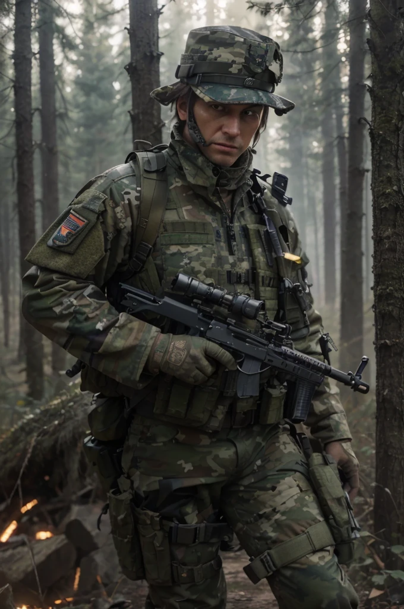 male soldier, very rude Austrian face, serious expression, face with camouflage paint, wears an explorer's hat, very short hair, wears military uniform blue and gray camouflage, bulletproof vest, communicator, holsters, belt with ammunition, holds a rifle, black leather tactical gloves, is outside in the depths of a German forest, nibla, low light, 4k, Ultra detailed image, realistic, Highly detailed, perfect composition, gorgeous, Intricately detailed, incredibly detailed, Art photography 8K, hyper detailed, Masterpiece , Ultra detailed, hyper realistic, 4k, Ultra detailed image, realistic, Highly detailed, perfect composition, beautiful, intricately detailed, incredibly detailed, art photography 8k, hyper detailed, masterpiece