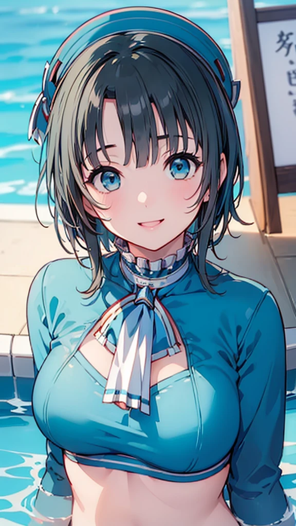 (((masterpiece))),(((High resolution)))、(((perfect face)))、(((Takao Kancolle)))、25 years old、(((beautiful face)))、(((tube top))), big tits、((top quality eyes)), detailed texture, ((high resolution face)), erotic smile, at the pool, short hair
