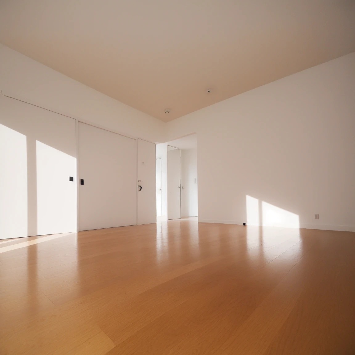 Imagine a minimalist and modern empty room interior.。Flooring。It&#39;s a room with white walls.。The room is bright and bright.、Natural light comes in through the windows。One-room apartment for single people。