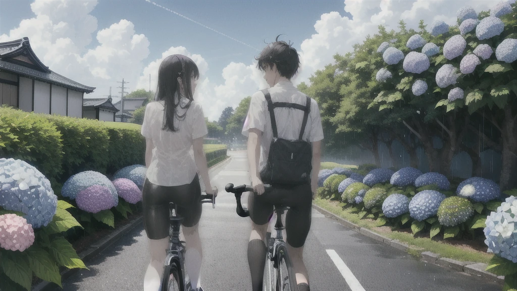 ((Highest quality)), ((masterpiece)), (detailed), Highest quality、High resolution、8K、male、male子学生、、soaked、bicycleを全力で漕いでいる、bicycleに乗っている、Very cloudy sky、Shower、Japan、Urban park、bicycle、White short sleeve shirt、Black trousers、bicycleに乗ったJapanの学生服を着たmale子学生の後ろ姿、Heavy downpour、Standing surrounded by hydrangeas、Japanのアニメのような画風、超High resolutionかわいい萌えアニメ8k