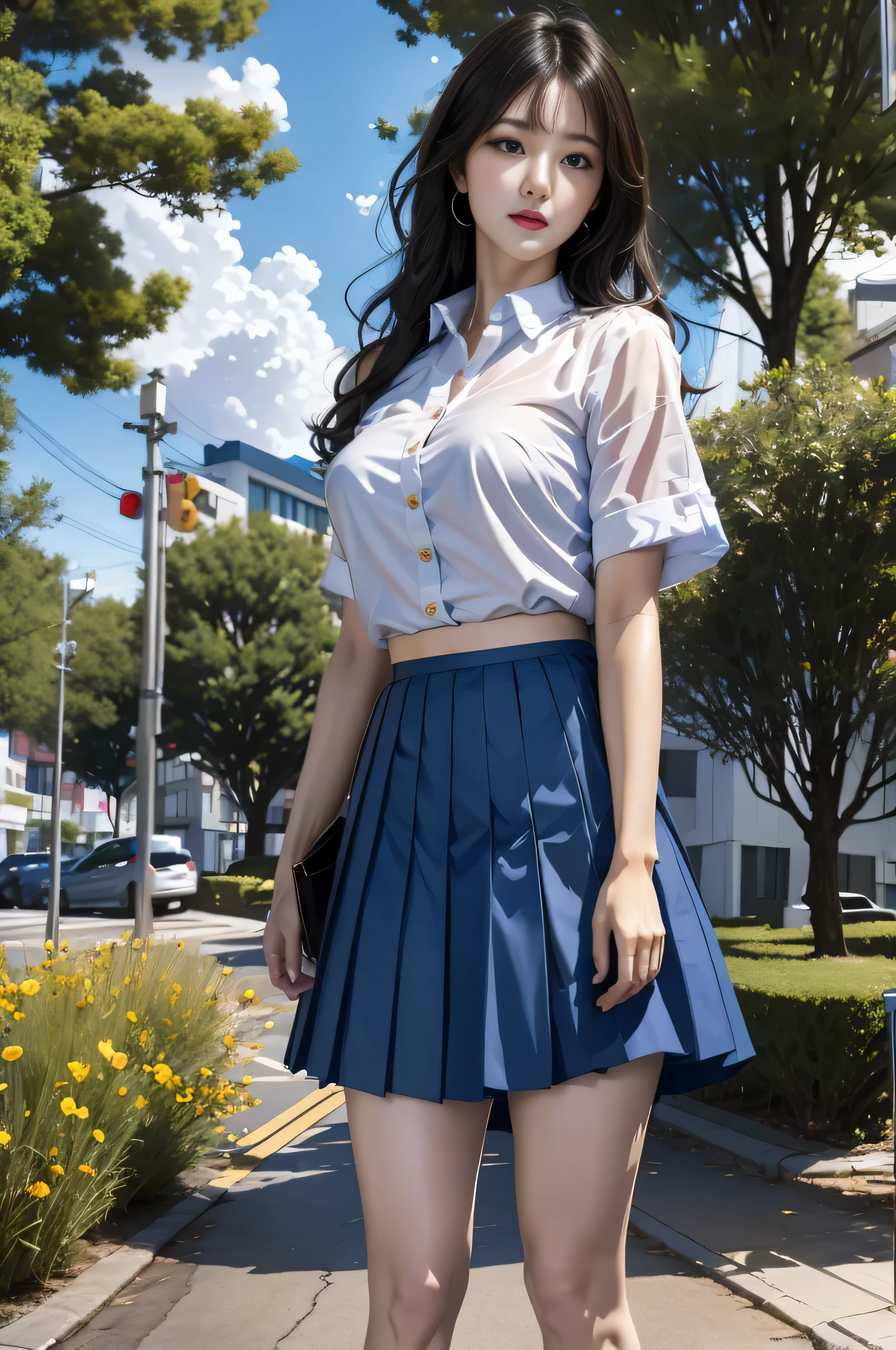 (best quality, 4k, Masterpiece, Ultra detailed, hyperrealism, RAW quality), Korean  - Japanese beauty, short blue pleated skirt, white transparent buttoned blouse, standing in profile to the viewer with her leg slightly bent, carrying a portfolio black leather, her: clean face NOT made up, natural face, loose hair, light wind that moves the environment, wild flowers, bus stop