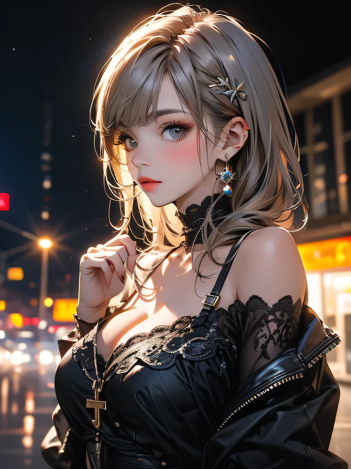 Highest quality, masterpiece, Ultra-high resolution, (Realistic: 1.4), RAW Photos, One girl, Off the shoulder, Cinema Lighting, Kiss pose, Heterochromia iridis, Gray Hair, Cleavage,