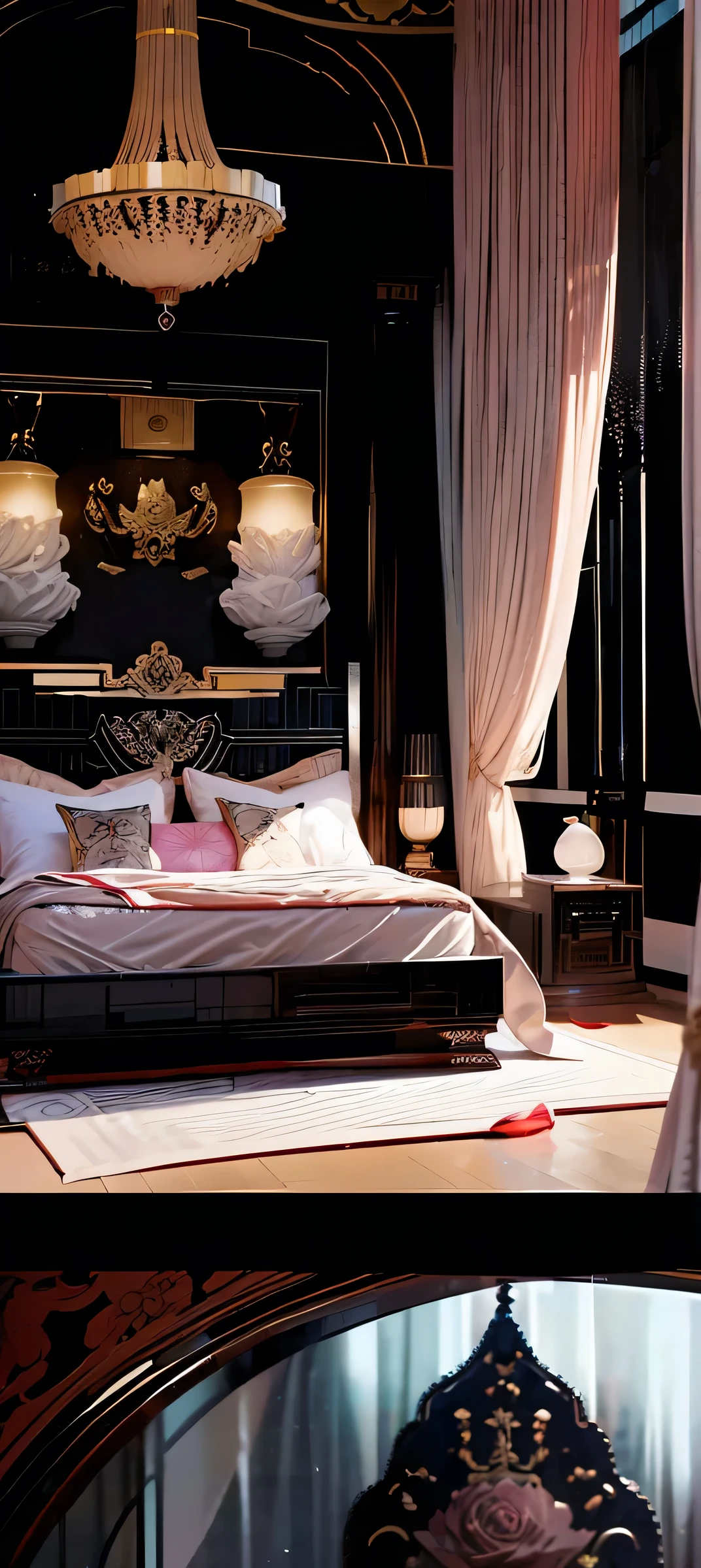 Best quality, masterpiece, ultra high res, raw photo, beautiful and aesthetic,deep shadow, dark theme,(ultra detailed:1.3), divine, royal bedroom, indoors, luxurious palace, canopy bed, full of curtains, pillows, jewelry, candlelight, queen bedrooms, pink room, Chinese style bedroom