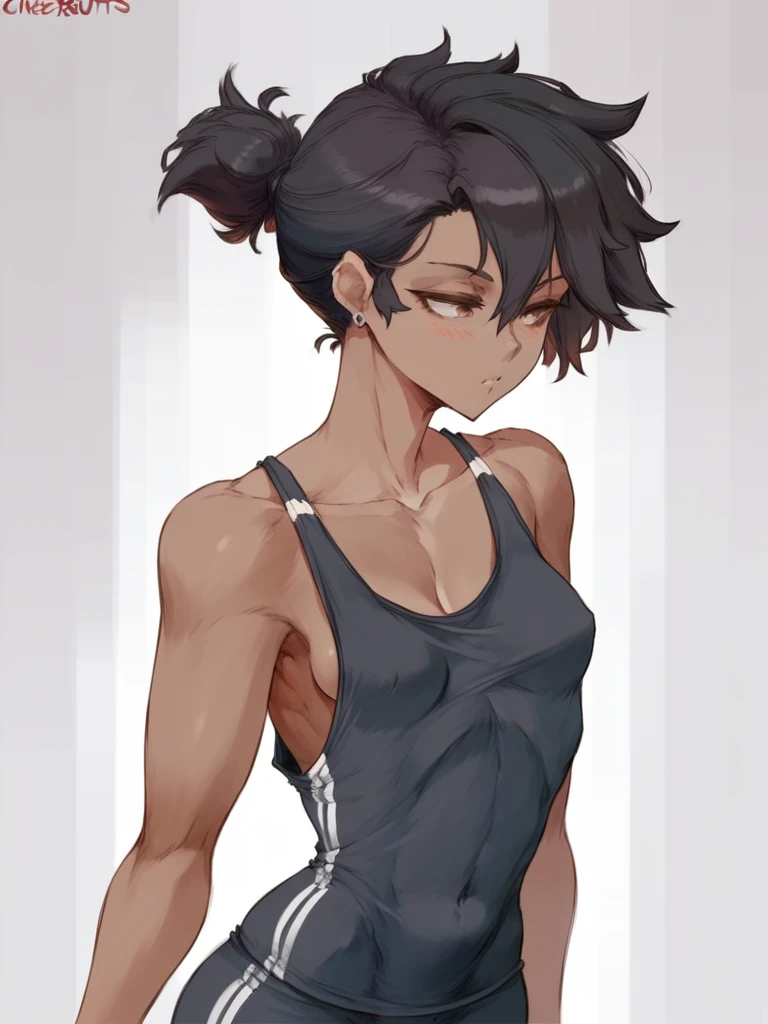 cutesexyrobutts style, solo, 1girl, masterpiece, best quality, muted pastel colors, ((dark skinned woman)), ebony, tomboy, ear piercing, messy spiky hair, brown eyes, brown eyes, blush, black hair, collarbone, gym clothes, half body, small breasts, curvy, empty background, white background, , cowboy_shot,