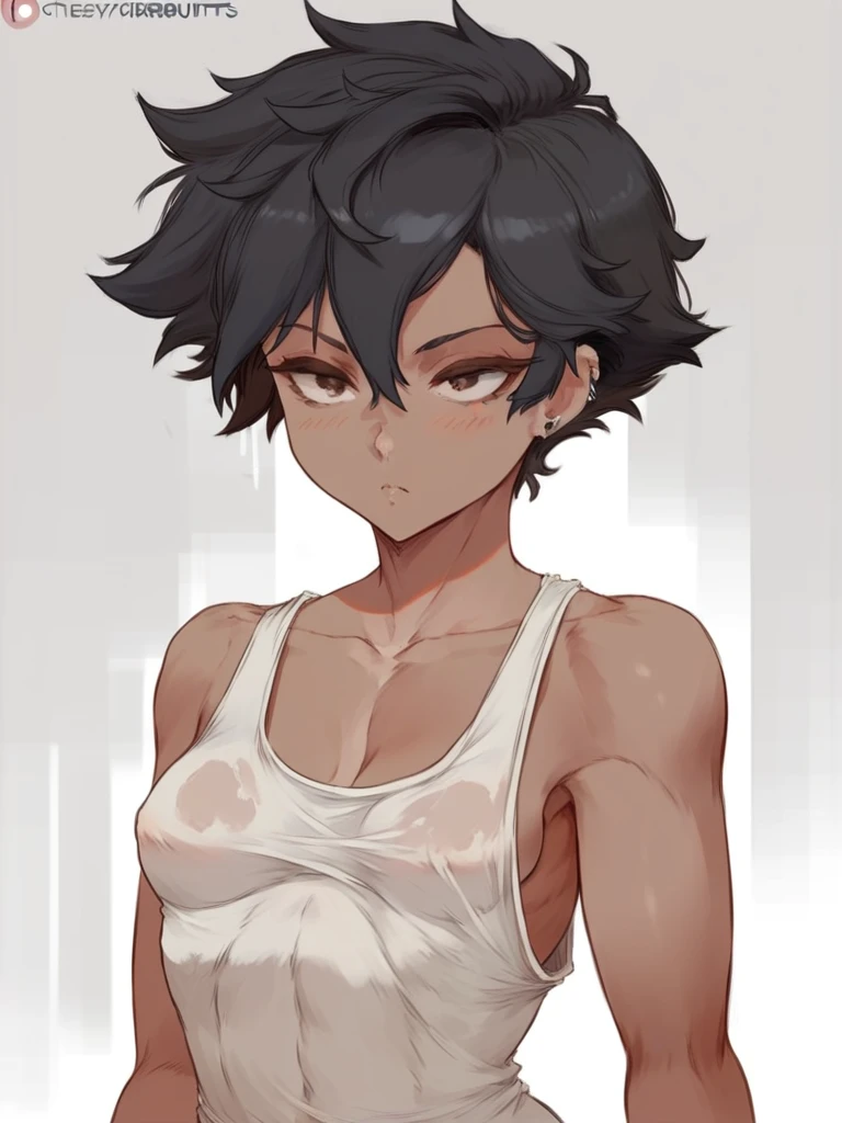 cutesexyrobutts style, solo, 1girl, masterpiece, best quality, muted pastel colors, ((dark skinned woman)), ebony, tomboy, ear piercing, messy spiky hair, brown eyes, brown eyes, blush, black hair, collarbone, gym clothes, half body, small breasts, curvy, empty background, white background, , cowboy_shot,