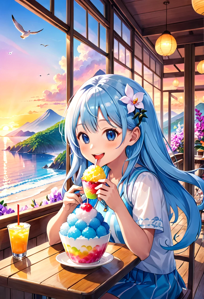 Seaside café at sunset、Light blue long hair、Twin-tailed Chibi Character、smile、He is eating a huge mountain of shaved ice with gusto.、A cafe decorated with lots of orchid flowers、The horizon in the distance、明るいsmileのちびキャラ、Seagulls are flying in the sea、Squirrels by the window