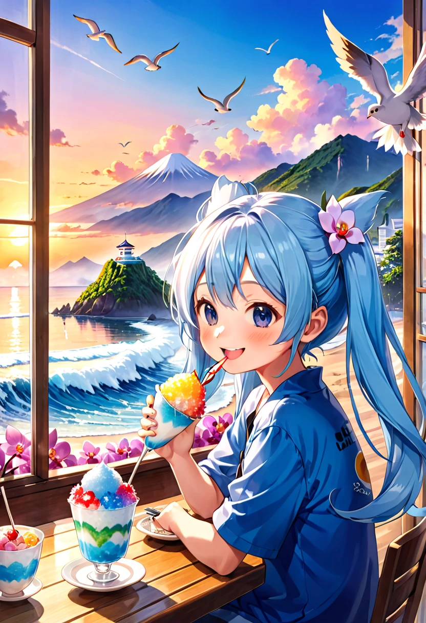 Seaside café at sunset、Light blue long hair、Twin-tailed Chibi Character、smile、He is eating a huge mountain of shaved ice with gusto.、A cafe decorated with lots of orchid flowers、The horizon in the distance、明るいsmileのちびキャラ、Seagulls are flying in the sea、Squirrels by the window