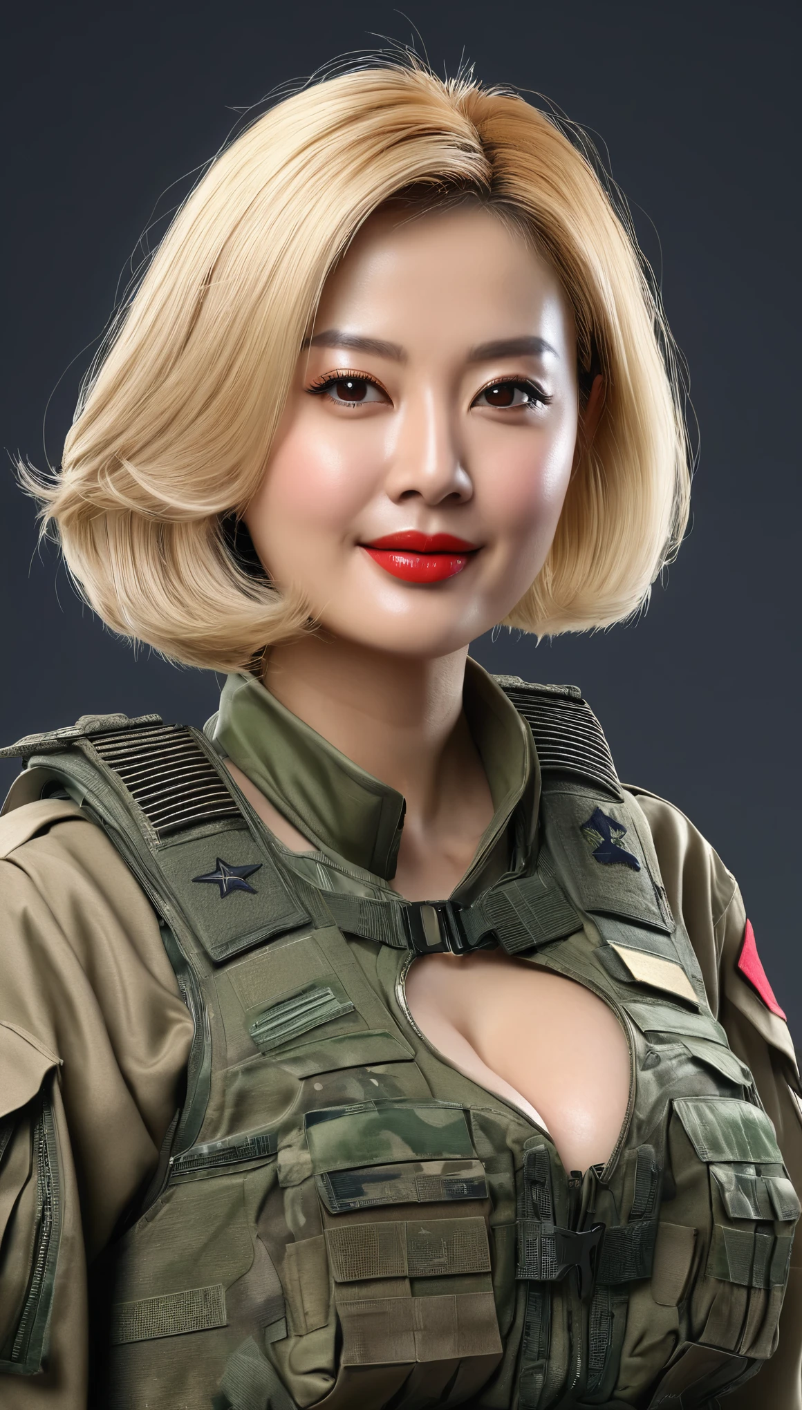 (((Hyper Real)))、(((超未来的な陸軍Female Soldier)))、きれいなFemale Soldier High resolution Realistic (((blonde mature)))、(((Big big boobs)))、Fine skin、超High resolution、Realistic、Plump figure、smile、Beautiful middle-aged woman、Beautiful female army soldier 、Beautiful brown eyes、Fluffy long hair、非常に繊細でFine skin、35Former Army soldier woman、(A very futuristic command center.)、Female Soldier、(((Big big cleavage)))、Bright red lips、(Wearing a combat suit)、
