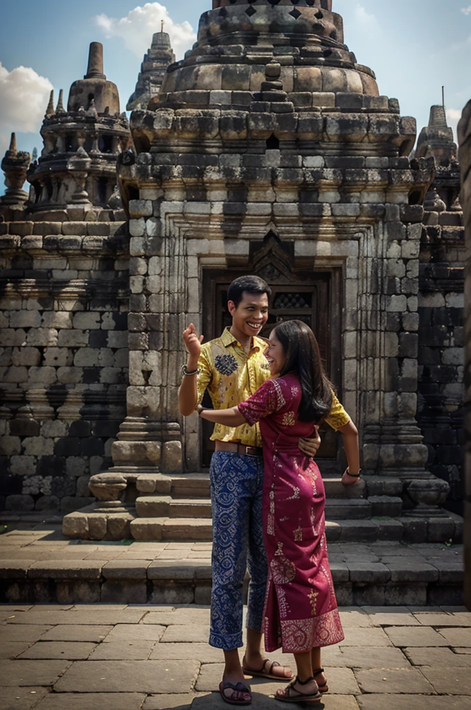 Digital art effect A woman wearing batik clothes at the Borobudur temple with a smile dances with a young man against the backdrop of a majestic dingding structure