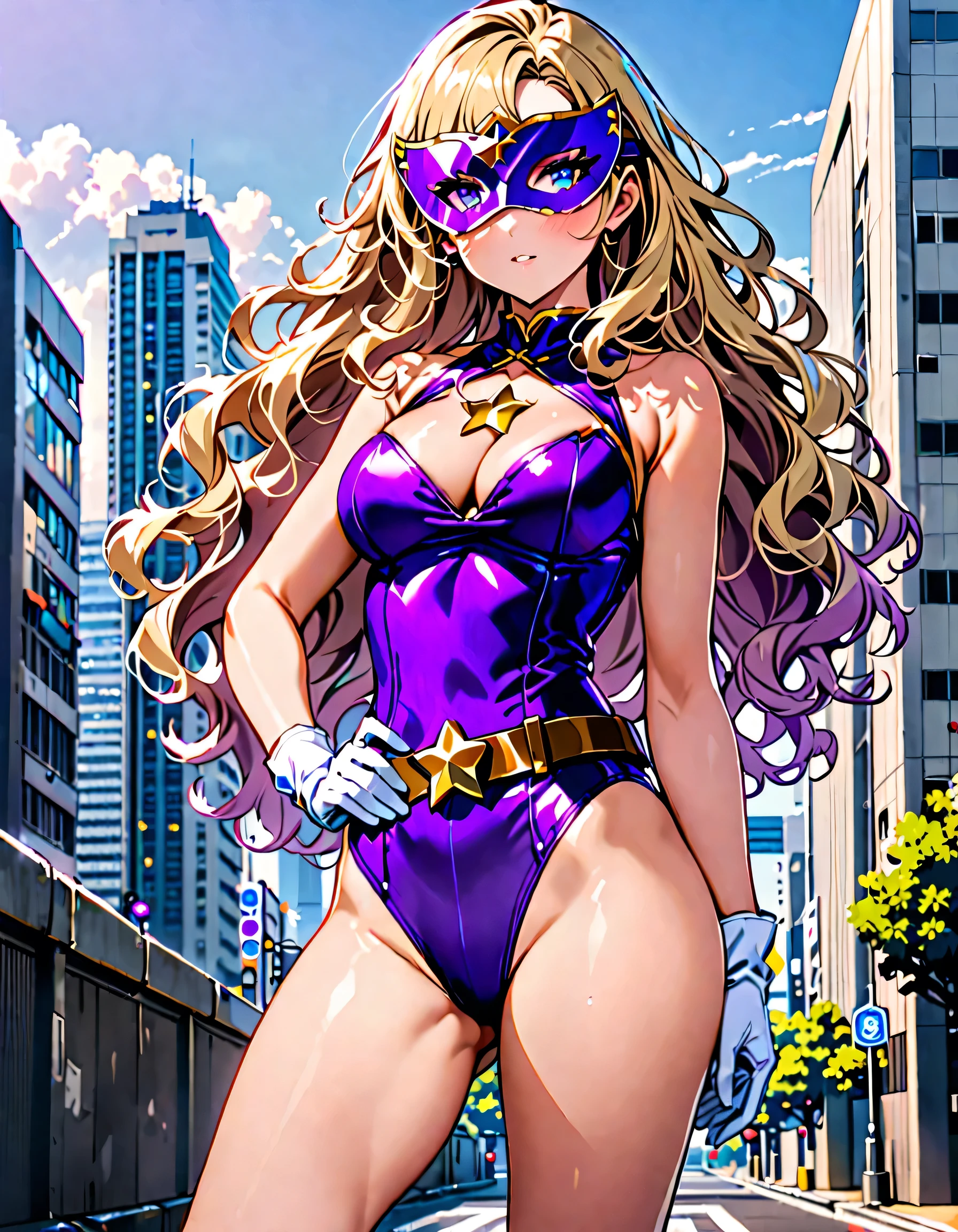 One girl, Medium chest, ((leotard, white and red leotard, No sleeve, barefoot)), ((Tight belt, Gold Belt)), ((boots, matching boots, ankle boots, white boots)), ((gloves, white gloves)), Urban Background, tokyo Urban Background, alone, single, Hands on hips, Are standing, ((Full Body Shot)), Cowboy Shot, Superhero, ((Beautiful attention to detail)), (Gold star symbol on chest), (((Purple eye mask))),(Blonde Hair, Medium length curly hair, blue eyes), (Perfect Anatomy), masterpiece, Highest quality