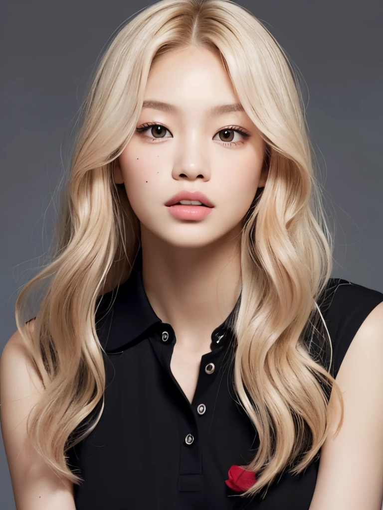 Kim Jennie from blackpink with light blonde hair, blonde hair with wavy, wavy blonde hair, with small fringes, black eyes, upturned and pretty nose, thick lips, Cupid and heart shaped lips...., pink lips, pale, White skin, nice and soft skin, with freckles and moles, pretty eyebrows, marked and beautiful clavicle, while he has a polo shirt with red roses, dark red, with women's underwear, slim and beautiful abdomen, bare neckline, (big breasts, soft breasts, natural breasts, bare neckline), while holding a rose, looking to the camera, autophoto