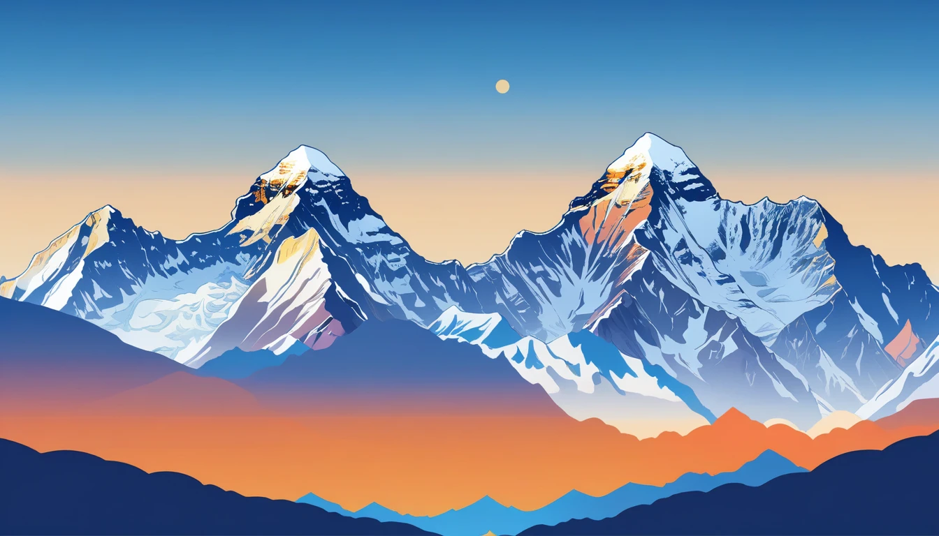 ((high resolution: 1.1))Himalayas，Snowy，The sky is magnificent。Wide panorama，high resolution、High Definition，Cool colors，Flat Wind，Minimalist illustration，Vector。((high resolution: 1.1))Illustration of a snow mountain range in the vector, using simple shapes and a 2D flat, vector artwork features beautiful colors with a blue sky and orange sunset, peaks, capped, covered, resembling a view, Mount Everest，Flat Wind，Minimalist illustration，Vector。
