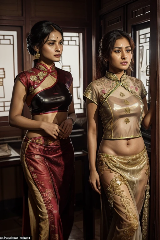 one Indian woman wearing a see through sari with intricate patterns and vibrant colors, which is slightly dirty and torn; one American redhead woman dressed in a see through outfit and beaded accessories, with signs of wear and tear; one Chinese woman clad in a qipao (cheongsam) with elegant floral designs, which is dirty and torn in places; one Russian blond woman wearing a tight black shiny outfit, slightly soiled and damaged; and one Indian man dressed in a kurta-pajama with a turban, showing signs of dirt and wear.They are trapped in a dimly lit room, with their clothing dirty and torn, indicating they have been there for some time. The room is small and confined, with bare walls and a sense of despair. The characters' expressions should reflect their emotional state, capturing a moment of tension and unease. The image should be highly realistic, with detailed textures and lifelike features,