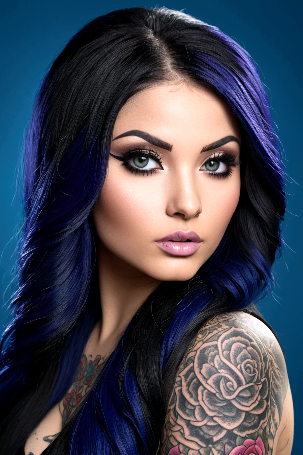 Create a hyper detailed photograph of a tattooed young sexy snow tha product, Stunningly perfect gorgeous face, perfect makeup, detailed vibrant eyes, long hair,