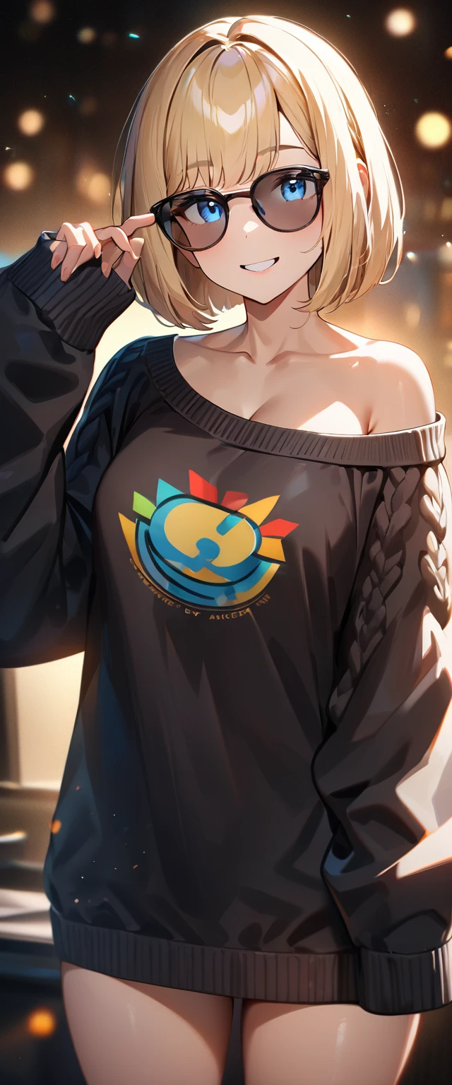 (((One girl))), blond hair, ((sunglasses, hand to sunglasses)), ((bob cut:1.3)), breasts, cleavage, (cowboy shot), standard body, (looking at viewer), oversized clothes, puffy long sleeves, collarbone, ((off-shoulder knit sweater dress:1.3, Quite thick shoulder straps)), (((sleeves past wrists:1.3))), ((black sweater)), ager, head tilt:1.3, (((blue eye))), ((happy smile)), (((anime style))), (best quality, 4k, 8k, highres, masterpiece:1.2, ultra-detailed, ultra-detailed eyes, HDR, UHD, studio lighting, ultra-fine painting, sharp focus, physically-based rendering, extreme detail description, professional, vivid colors, bokeh), ((Highest quality, Best image quality, Ultra-high resolution, Ultra-high resolution, solo, Strong eye highlights)), Depth of written boundary, Natural soft light, attractive, Beautiful Face, Cleanliness, Pure Face, nedium chest, Beautiful Face, Perfect Fingers, Perfect hands, Perfect body, Perfect Face, Shine a light into your eyes, Perfect Anatomy