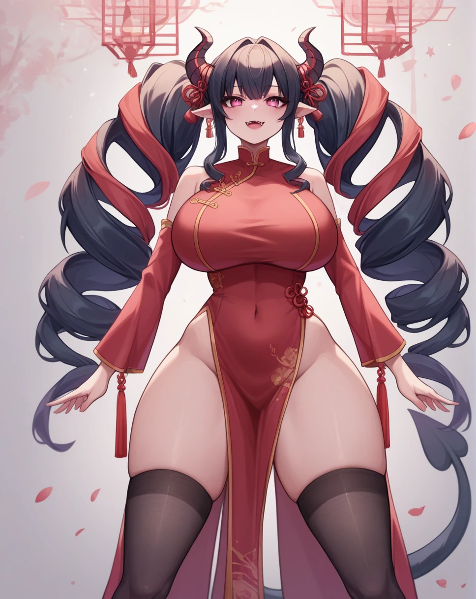 deaver, by deaver, black hair, female, vampire girl, horns, two tails, twin drills, solo, smol, pink eyes, massive breasts, massive butt, massive hips, oppai , very long hair, wear sexy Pink Chinese dress with black stockings, sexy pose arms on hips, masterpiece, ultra high quality, sexy pose, masterpiece, best quality, highly detailed background, cinematic lighting, detailed eyes, perfect face