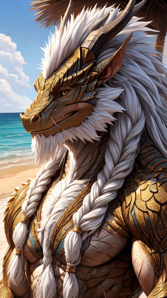 (masterpiece),(highres),(intricate details:1.4),extremely detailed,(illustration:1.2),8k,photorealistic,Anime headshot,exquisite,solo,aged,elder male eastern dragon,muscular,general,(naked upper body:1.4),(white hair:1.3),long hair,braided hair,beard,scar,naked,on the seacoast,beach resort,swimwear,beach,warm sunshine ,smiling face