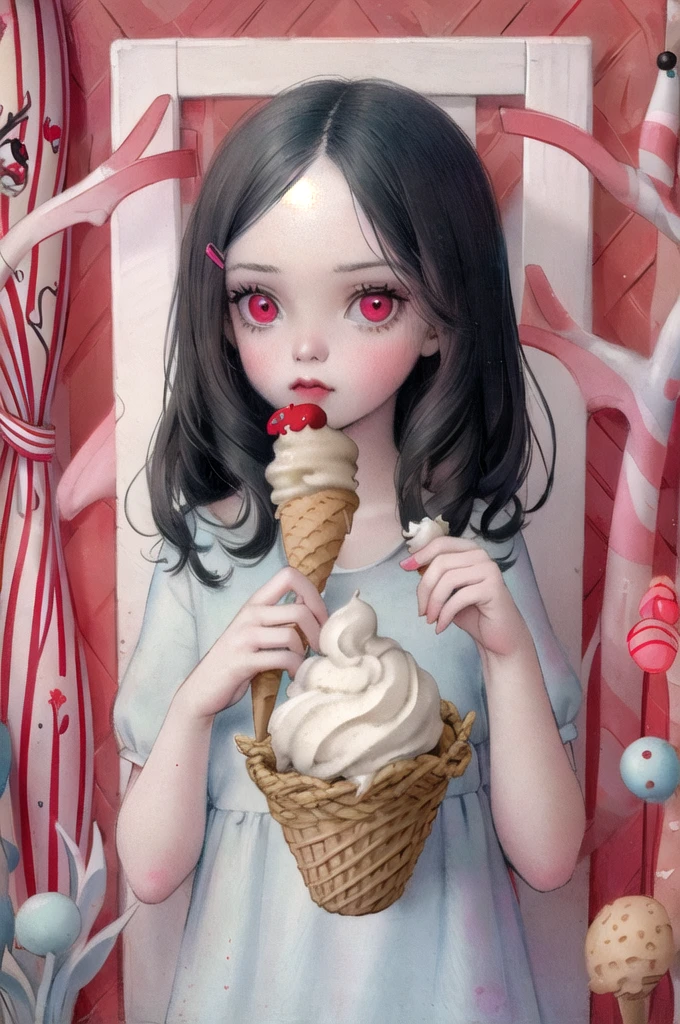 ((masterpiece)), (best quality), official art, in style of Nicoletta Ceccoli, 
a girl holding an ice cream cone, 
 cabello rojo con ojos color cafe 