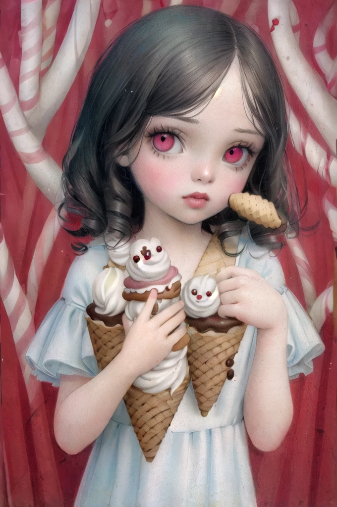 ((masterpiece)), (best quality), official art, in style of Nicoletta Ceccoli, 
a girl holding an ice cream cone, 
 cabello rojo con ojos color cafe 