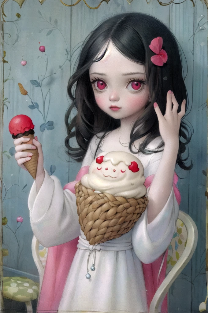 ((masterpiece)), (best quality), official art, in style of Nicoletta Ceccoli, 
a girl holding an ice cream cone, 
 cabello rojo con ojos color cafe 