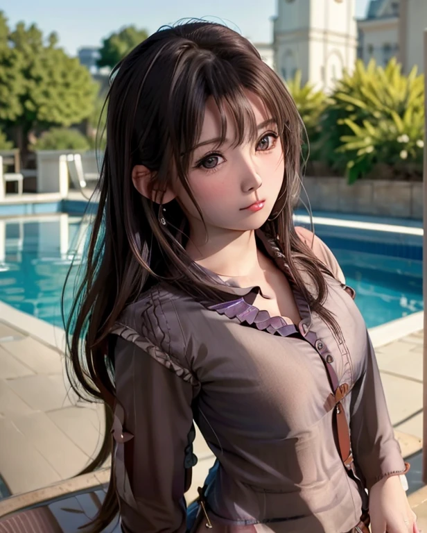 Purelos Face_v1, Highest quality, Realistic, 8K, High resolution, Full Color, One girl, woman, 20 years old woman, (Mouth closed:1.33), (Portraiture:0.6), wood, Dawn, ((Poolside Background:1.52)), Full Color, ((Buttoned shirt:1.88)), View your viewers:1.8, (One girl eyes View your viewers:1.55), (Medium Hair, Brown Hair, Parted bangs:1.35), (Bokeh),
