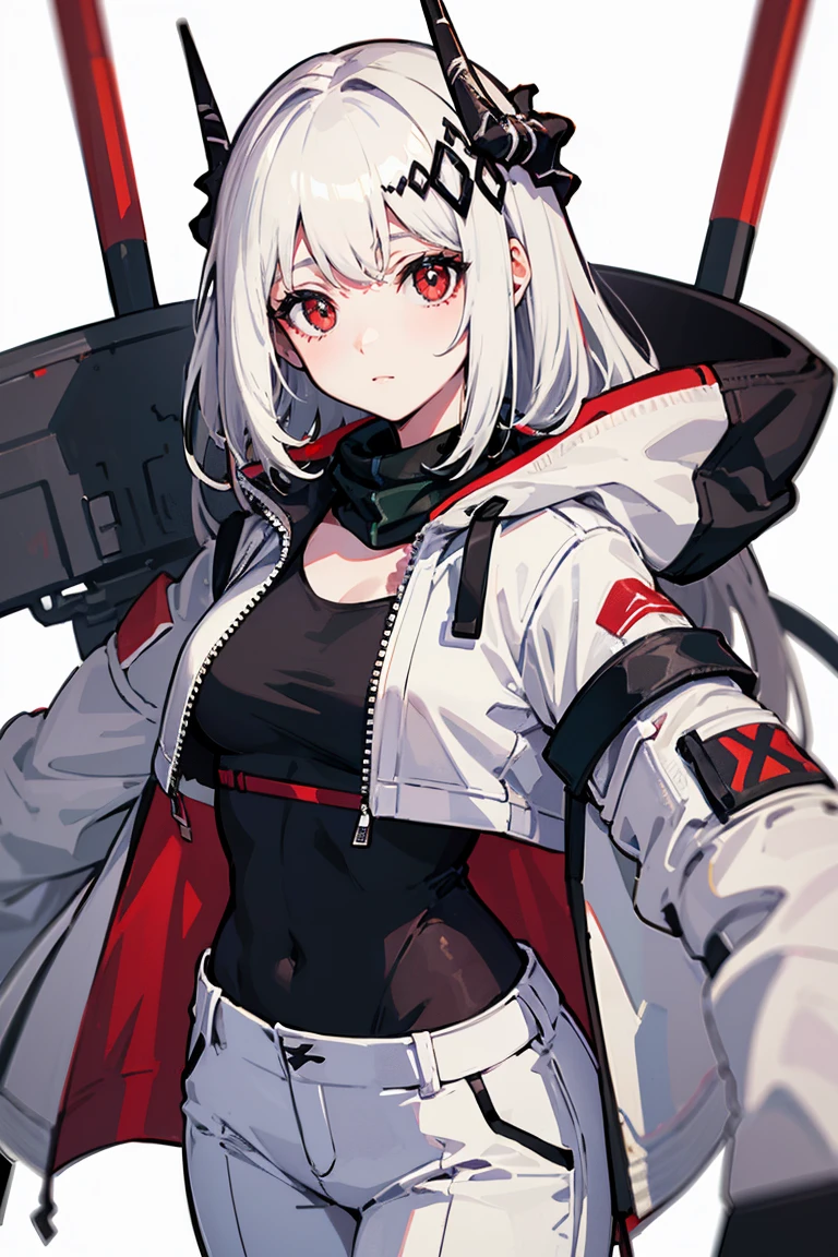  mudrock  1girl solo red eyes white hair horns long hair tattoo sports bra white jacket jacket open jacket white pants infection monitor \(arknights\),white background 