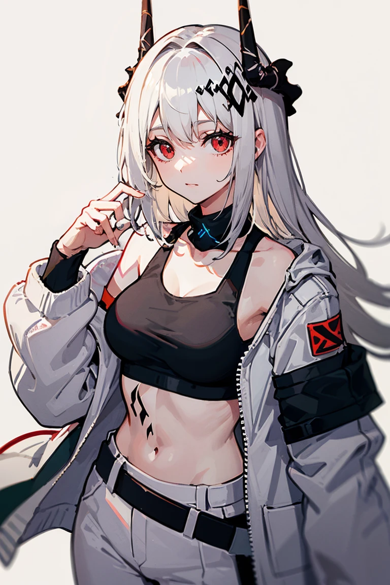  mudrock  1girl solo red eyes white hair horns long hair tattoo sports bra white jacket jacket open jacket white pants infection monitor \(arknights\),white background 