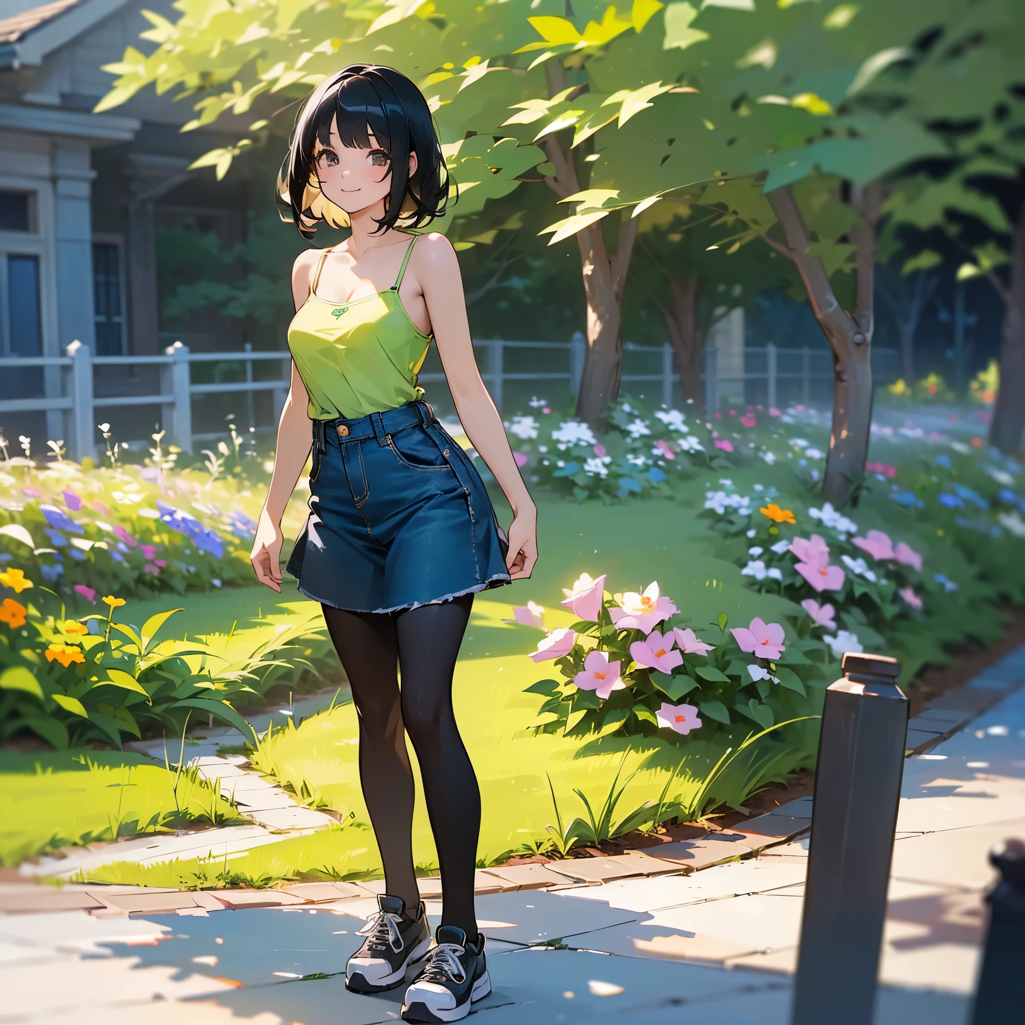 (high quality, High resolution, Very detailed, reality:1.37), Peaceful atmosphere, (Outdoor, garden), Teenage girl standing alone, (my breasts are big.), Beautiful details, Cute Smile, (Black bob hair), camisole, Denim skirt, Black tights, sneakers.