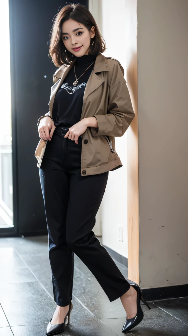 Delicate makeup,Cool Beauty, Accurately express the fine details of the face and skin texture,(The most beautiful face and eyes), double eyelid,Delicate skin,Looking into the camera、Short Haircut、smile、Jacket、shirt、Pants Style、((Are standing:1.3))、(Ultra-realistic pantyhose:1.2), (High heels)、(Business services)、 indoor, Photo Background,The background is the office