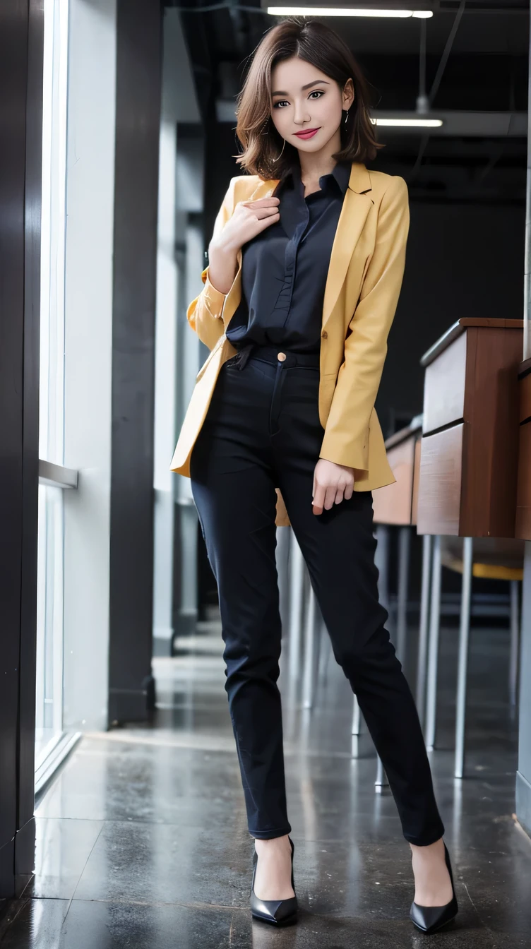 Delicate makeup,Cool Beauty, Accurately express the fine details of the face and skin texture,(The most beautiful face and eyes), double eyelid,Delicate skin,Looking into the camera、Short Haircut、smile、Jacket、shirt、Pants Style、((Are standing:1.3))、(Ultra-realistic pantyhose:1.2), (High heels)、(Business services)、 indoor, Photo Background,The background is the office