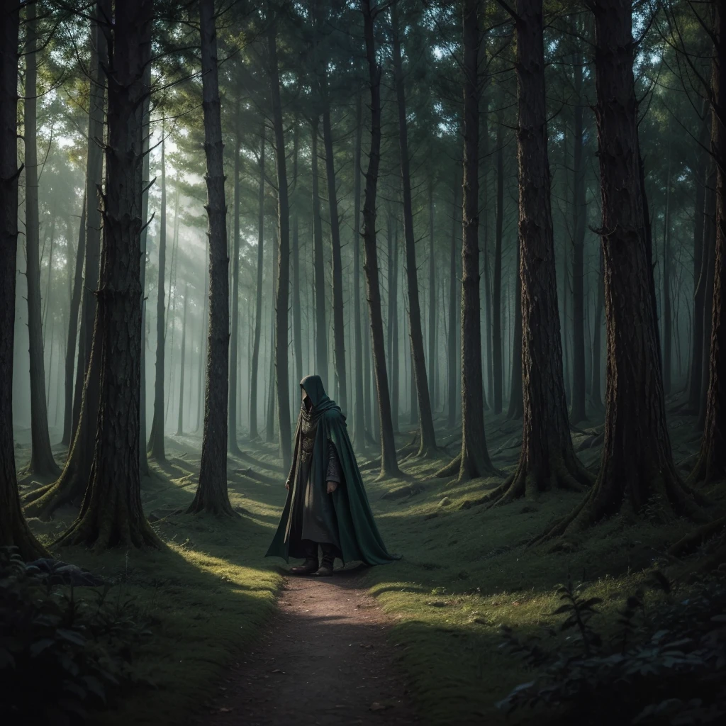 a painting of a man in a cloak walking through a forest, lord of the rings aesthetic, dnd in a dark forest, lothlorien, discovered photo, nazgul, 3 0, lord of the rings concept art, lord of the ring art, beksinkski, nazgul from lord of the rings, makoto sinkai, dark green cloak