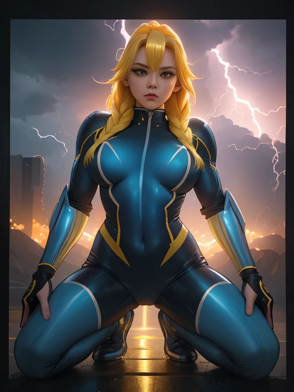 a powerful thunder ranger with a beautiful face, small breasts, wearing a tight suit, with yellow hair, wielding alien weapons, against a dramatic thunder backdrop, ultra-detailed, 8k, highly realistic, cinematic lighting, dramatic colors