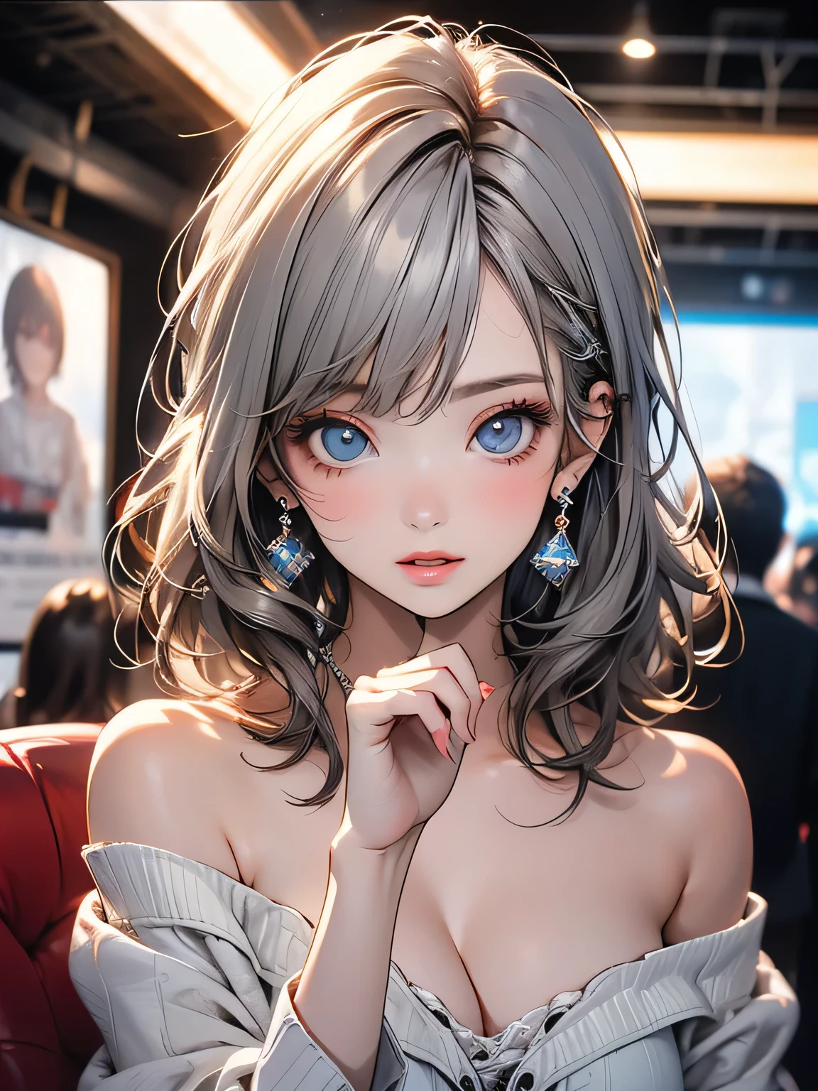 Highest quality, masterpiece, Ultra-high resolution, (Realistic: 1.4), RAW Photos, One girl, Off the shoulder, Cinema Lighting, Kiss pose, Heterochromia iridis, Gray Hair, Cleavage,