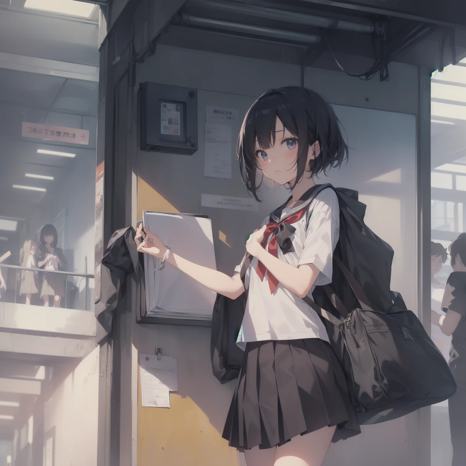 ultra-absurdres-Top quality by artist God, ultra-detailed, high resolution, anime moe artstyle, best anime 8k konachan wallpaper, pixiv contest winner, pool:2810, perfect anatomy,break, 1girl, (Please draw a girl walking sleepily to school alone. )break,(Solo,little female, 13-year-old:1.3),Full limbs, complete fingers,a junior high school student, (very short hair), short cut, flat chest, , small butt, small black eyes, beautiful detailed eyes, well-proportioned iris and pupils, expressive eyes, highres detailed hair, soft expression, salor school_uniform, sailor collar, serahuku, bow, pleated skirt,(Detailed Lighting), (Detailed background), in the School commute route. break,super detailed skin, Best cinematic lighting powered by famous artist, 8k,beauty illustration,photoshop_(medium),very aesthetic,break,((artist:null_(nyanpyoun) )), artist:clamp ,artist:carnelian ,artist:kantoku ,