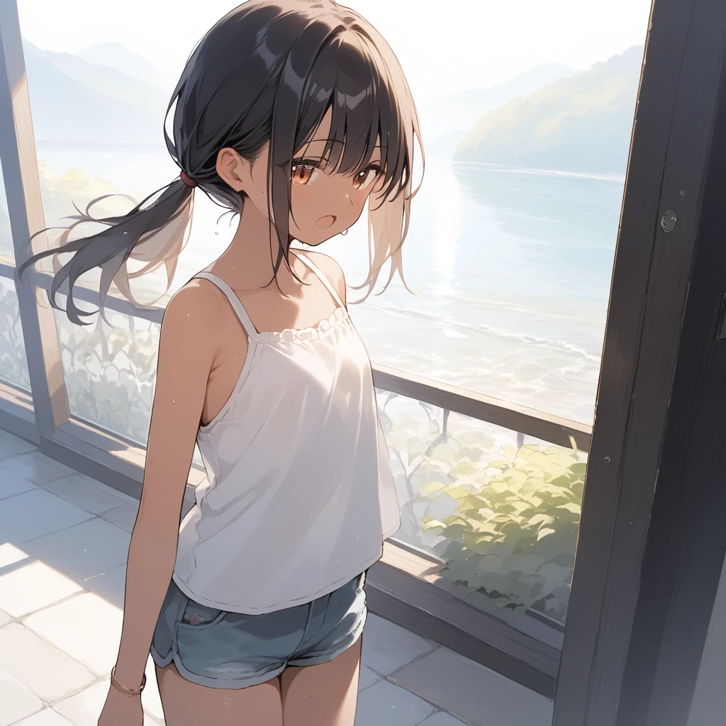 score_9, score_8_up, score_7_up, source_anime, best quality, masterpiece, official art, absurdres, highres, ultra-detailed,waifu2x,Collection: Slice of Life,break,1girl, tomboy, dark-skinned female, short hair, low ponytail, flat chest, beautiful detailed eyes, short shorts, sweat, open mouth, (yawn:0.3), sleepily, outdoors, wind, break,(clear line illustration:1.2),very high resolution, very aesthetic, super detailed skin, Best sexual lighting powered by famous artist, 8k,cute picture,beauty illustration,photoshop_(medium),,(Detailed Lighting),best anime 8k konachan wallpaper, pixiv contest winner,