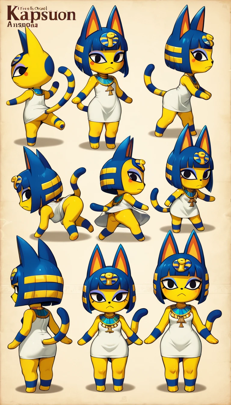 Eye, Animal Crossing Furry, Blue Hair, Hair accessories, 黄skin, 黑Eye, White Dress, Tail, 1girl，Artist Name，Egyptian cat，Blue Hair，skin，Keep your mouth shut，Wear，whole body，solo，Standing，猫Tail，Looking at the audience,Scenes, hero view, Eye, Animal Crossing action poses, nature, Detailed background, masterpiece, best quality, high quality, absurd,